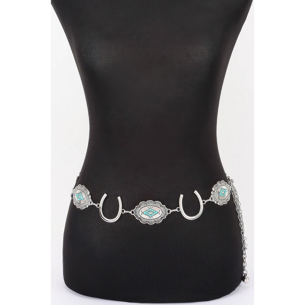 Horseshoe Concho Chain Belt Womens Turquoise New Western Boho